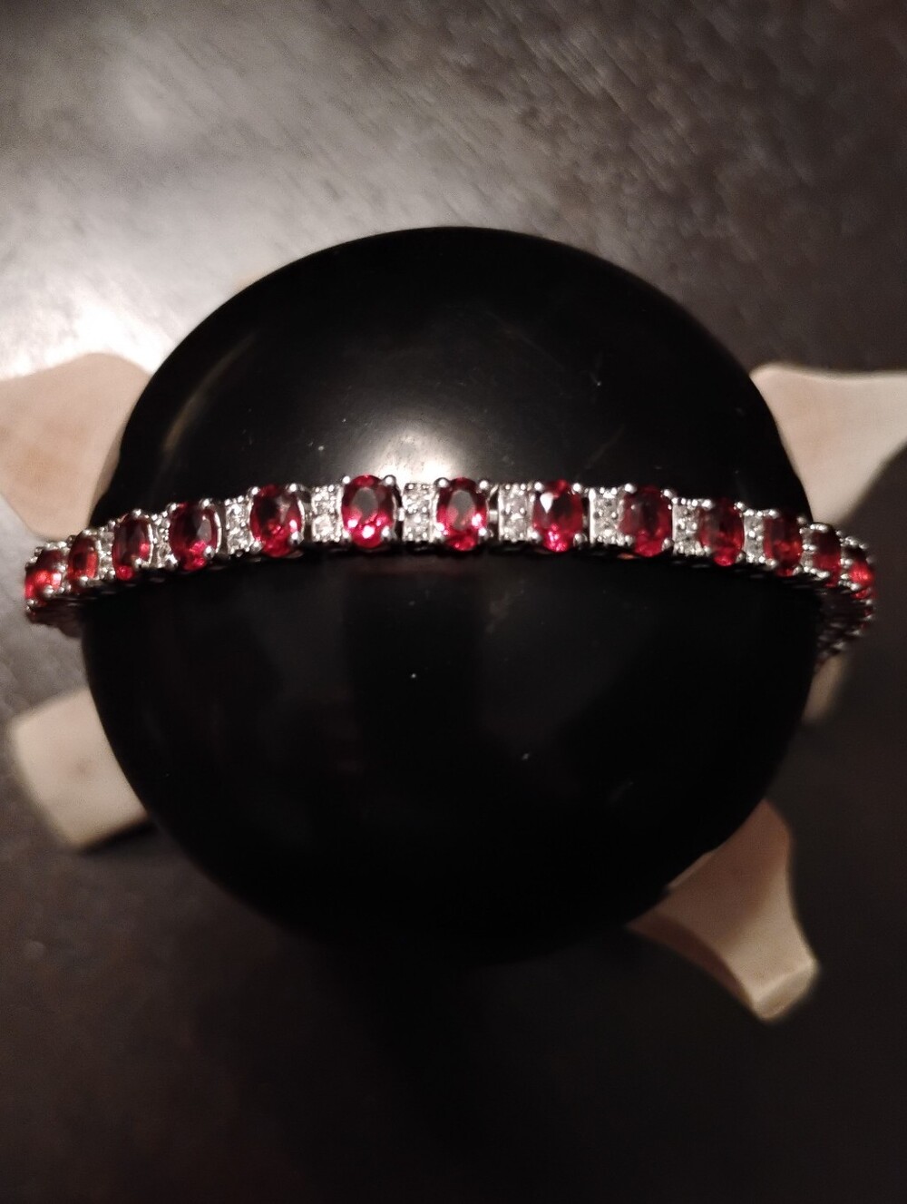 Mozambique Garnet White Zircon Tennis Bracelet in Rhodium Over Sterling Silver